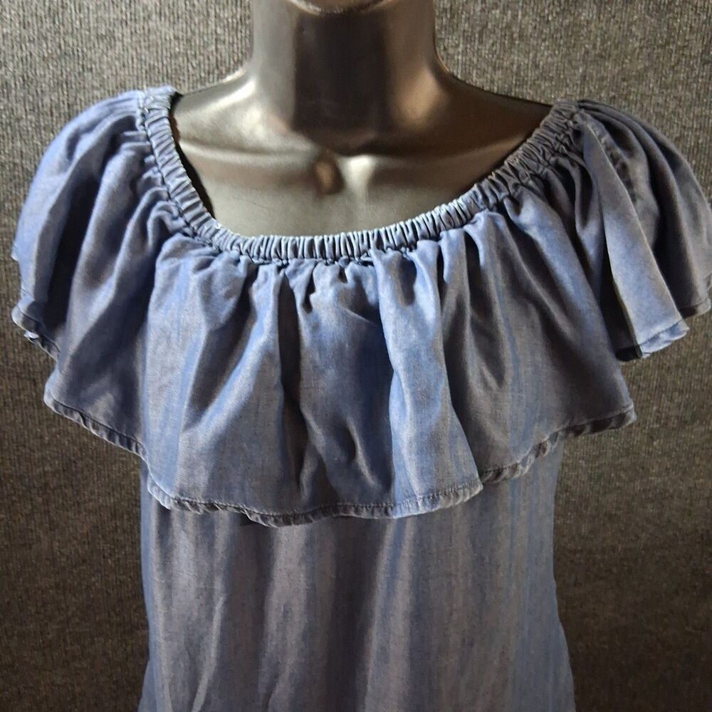 Tommy Bahama Blue Tencel Chambray Ruffle Off Shoulder Mini Dress Size S Pockets - Picture 3 of 6